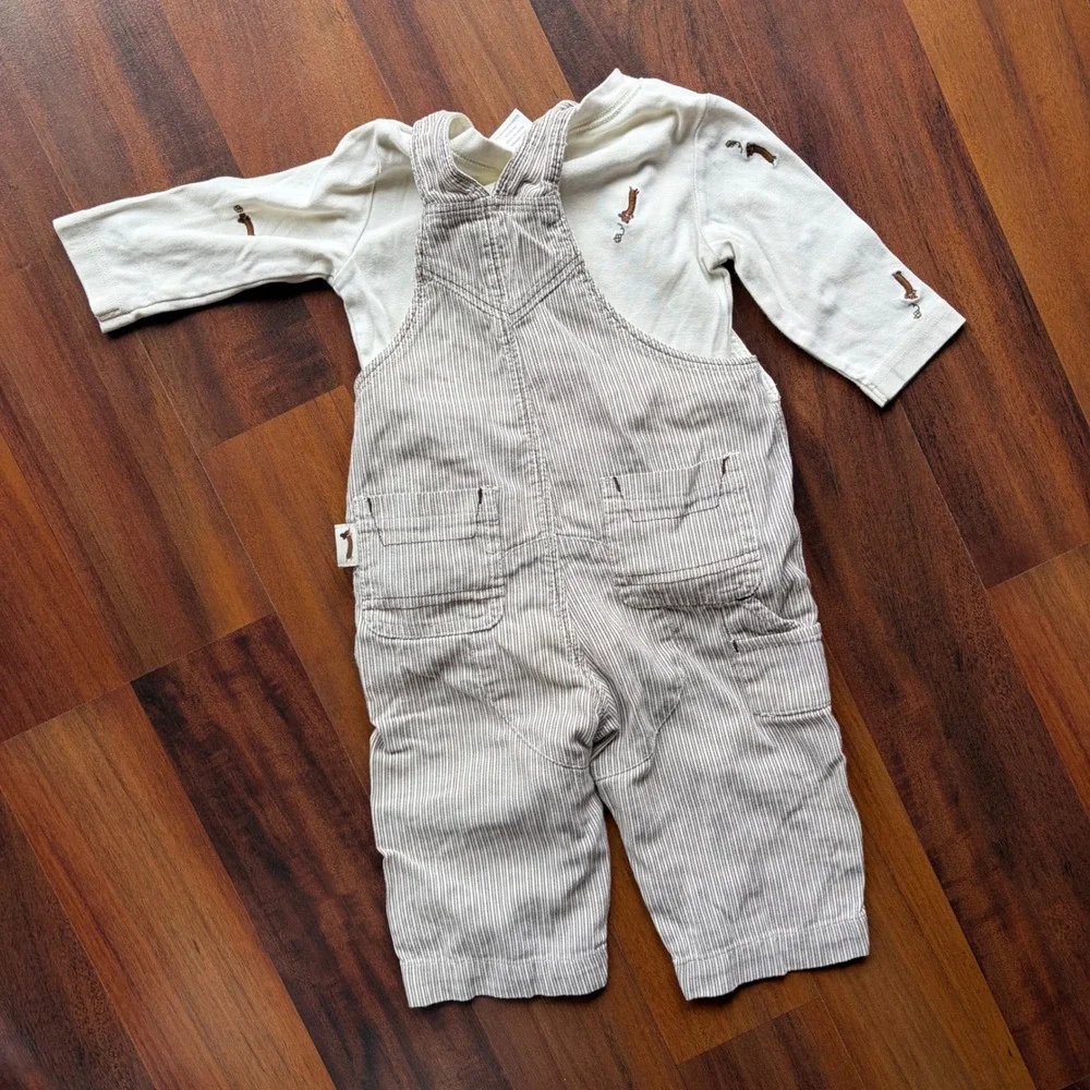 Gymboree Baby 6-12M Hickory Stripe Overalls Dachshund Shirt Set 2006 Vintage